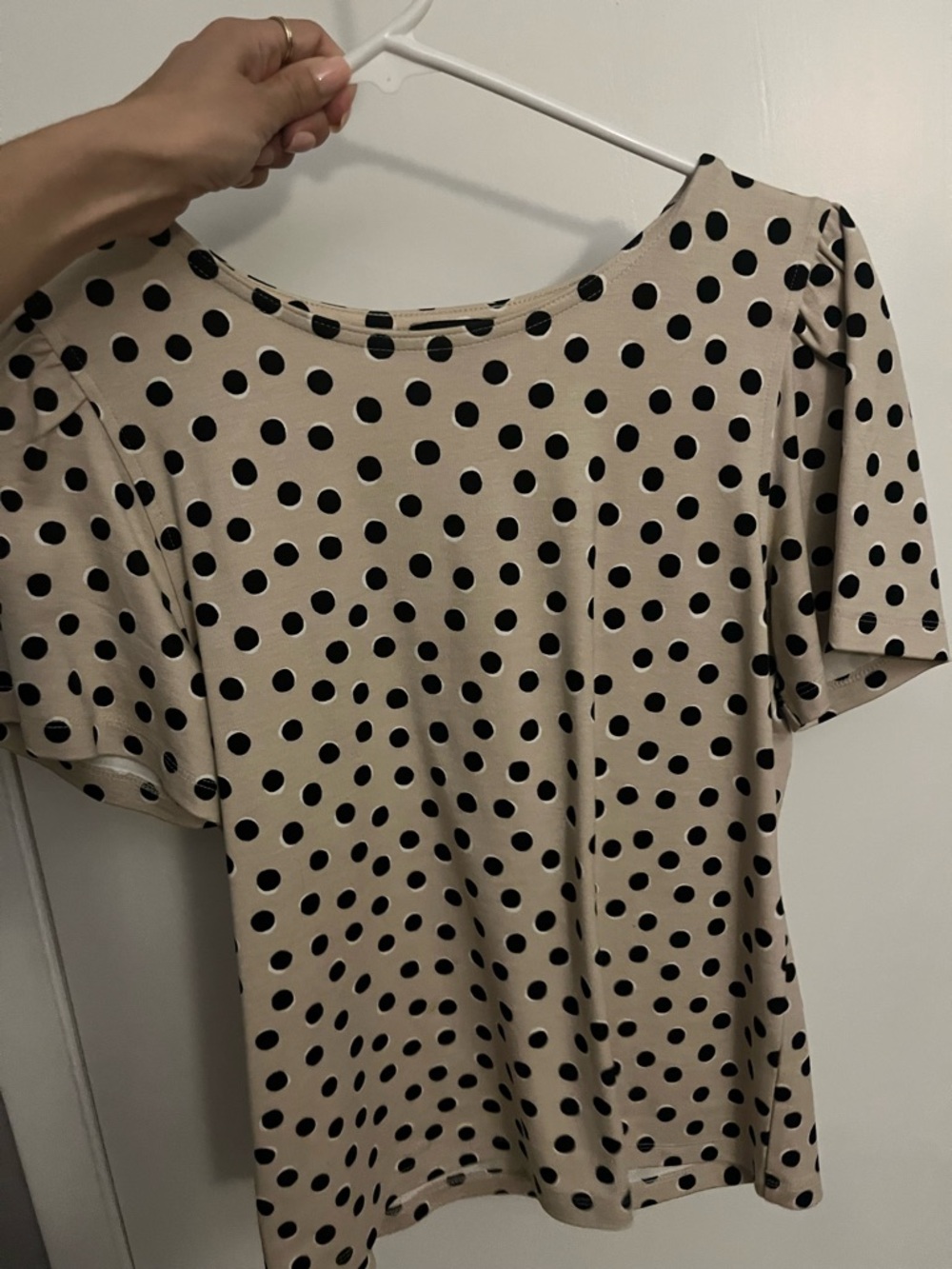 Ann Taylor Beige Polka Dot Short Sleeve Top - Black Dot Print
